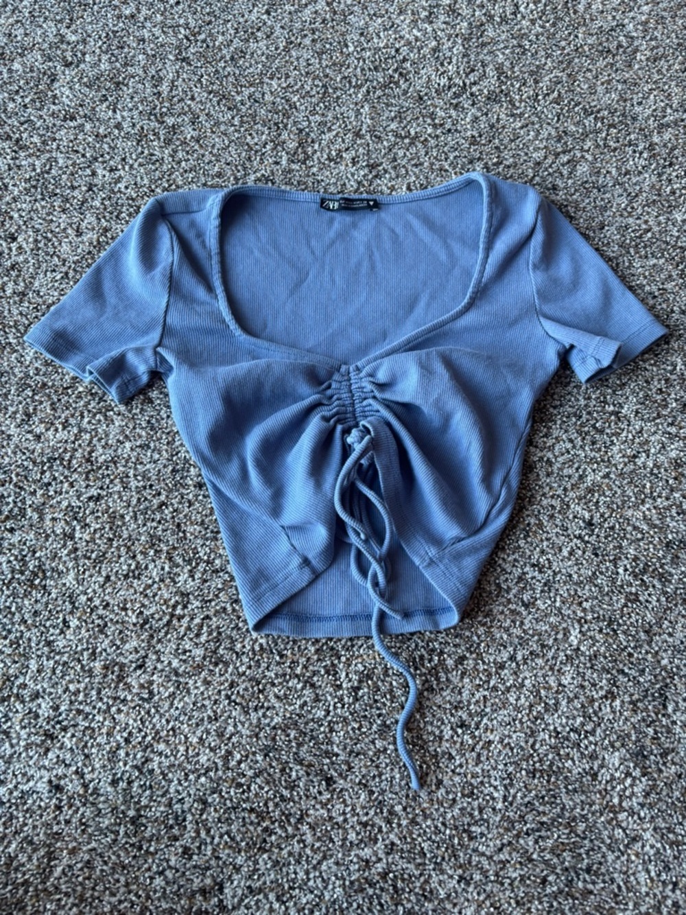 Zara Blue Ruched Tie Front Crop Top Ribbed Short Sleeve XS Y2K Style